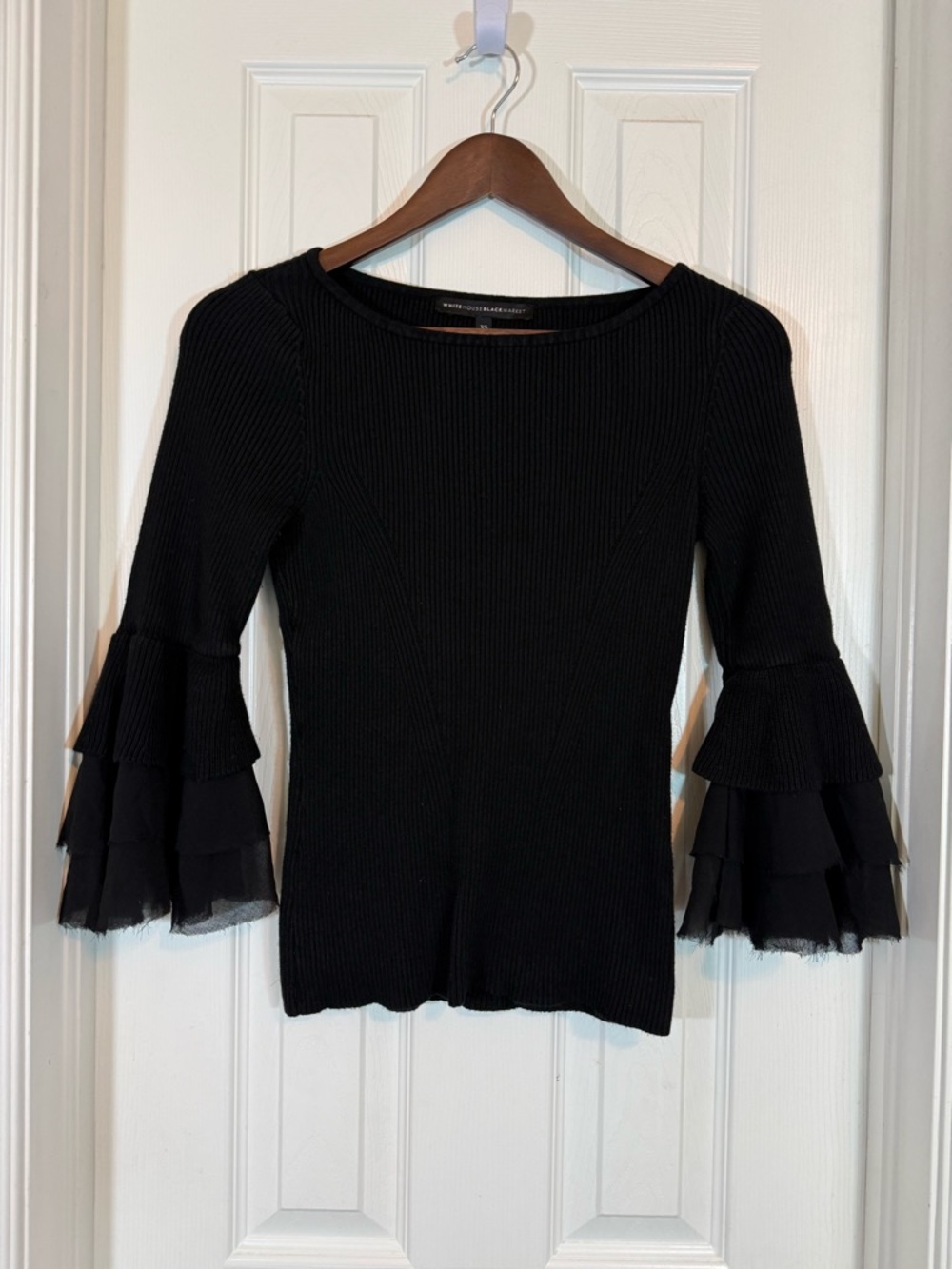 White House Black Market Black Ribbed Tiered Chiffon Bell Sleeve Sweater